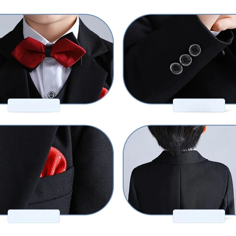 Boys 4Pieces Slim Fit Wedding Birthday Party Outfit Suit Set With Blazer Vest Pants Bowtie Kids Piano Host Performance Costume