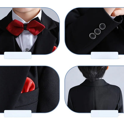 Boys 4Pieces Slim Fit Wedding Birthday Party Outfit Suit Set With Blazer Vest Pants Bowtie Kids Piano Host Performance Costume