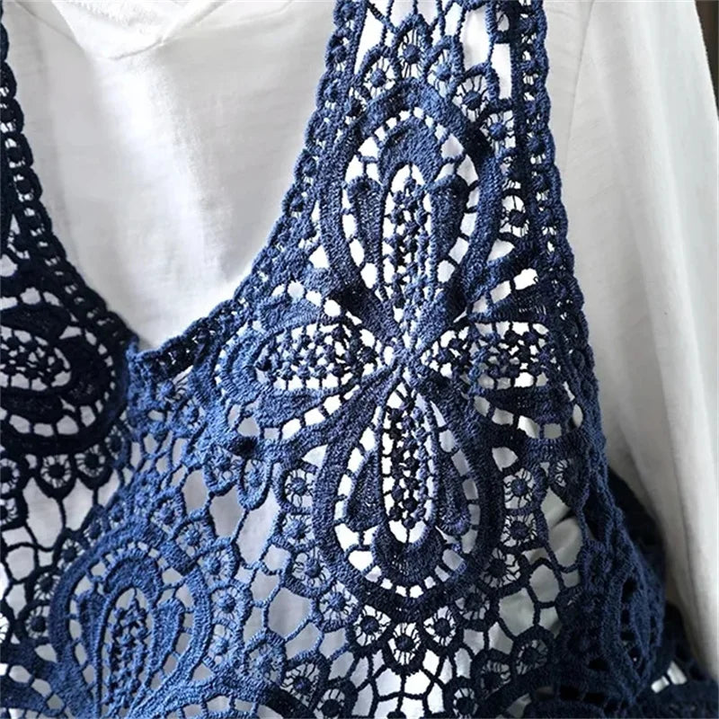 Summer Femme Lace Cotton Lined Vest Spring Women Fashion Knitted Crochet Sleeveless French Lady Hollow-out Sweater Waistcoat Top