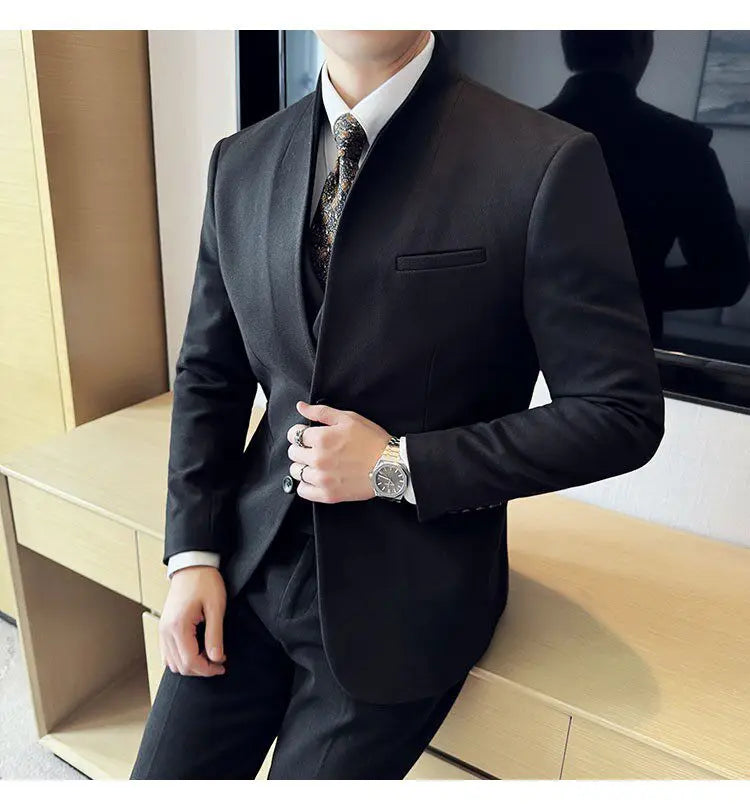 Men's 3-Piece Slim Fit Stand Collar Suit – Wedding, Prom & Office Formal Set