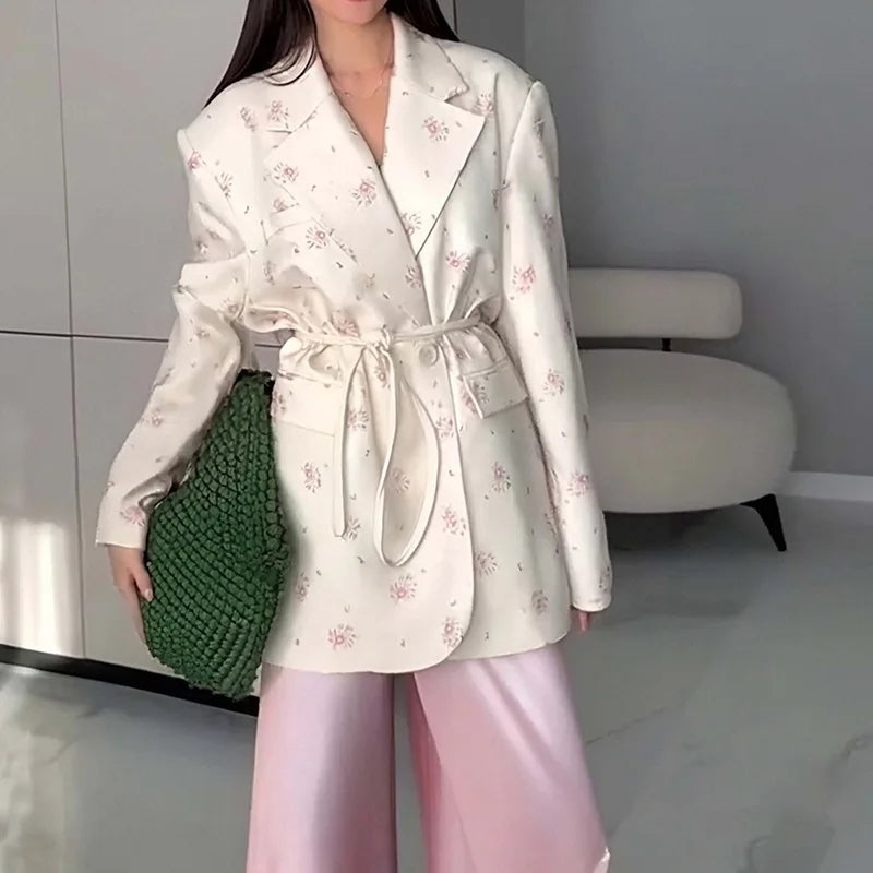 Spring Autumn Fashion Women's Pure Color Belted Shoulder Pad Suit Coat Commute Style Loose Fit Long Sleeve Regular Length