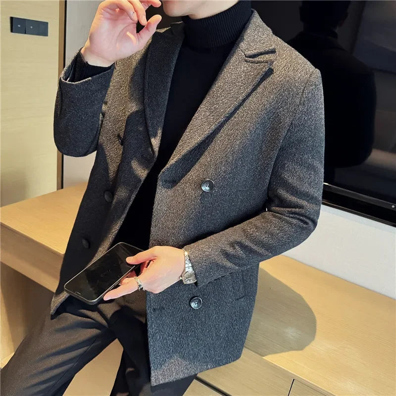British Style Autumn Winter Thick Double Breasted Woolen Coats High Quality Men Business Casual Warm Suit Jackets Men Clothing
