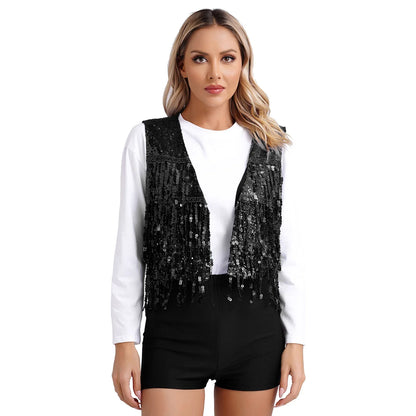 Fashion Sequins Vests Women's Tassel Sleeveless Waistcoat Jazz Dance Costume Shiny Vest 80s Disco Music Festival Party Clubwear