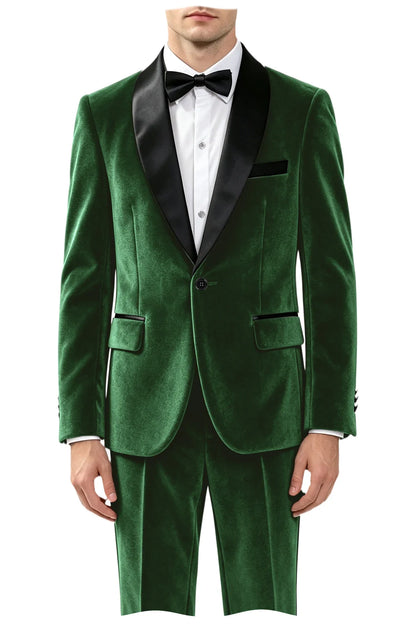 Men's Velvet 2-Piece Tuxedo Suit Satin Shawl Lapel Slim Fit Blazer & Pants for Wedding, Prom & Banquet