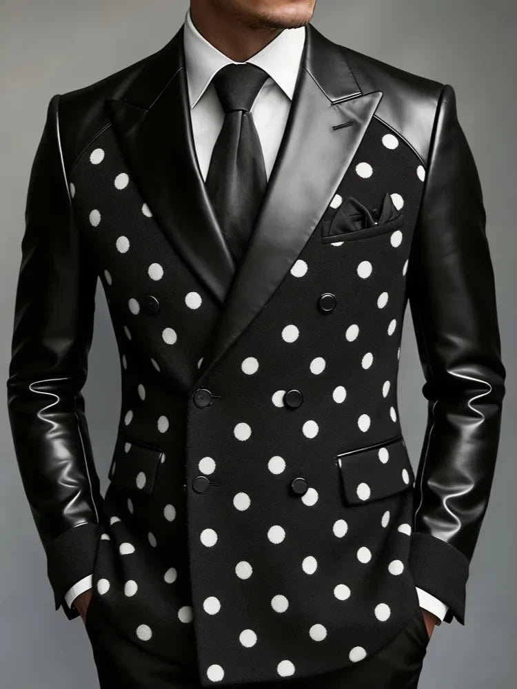Men's Polka Dot Double Breasted Casual Business Blazer Leather Sleeve Slim Fit Suit Jacket Fashion Party Office Formal Outerwear