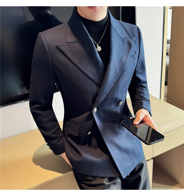Autumn Winter Thickened Woolen Suit Jacket Men Double-breasted Casual Business Blazers Slim Fit Wedding Social Dress Coat M-4XL