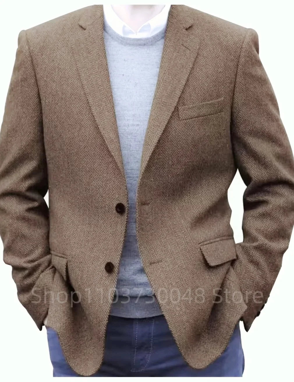 Men's Brown Herringbone Tweed Blazer Single Breasted Notch Lapel Jacket Prom Tuxedo Woolen Suit Coat for Office Business Wedding