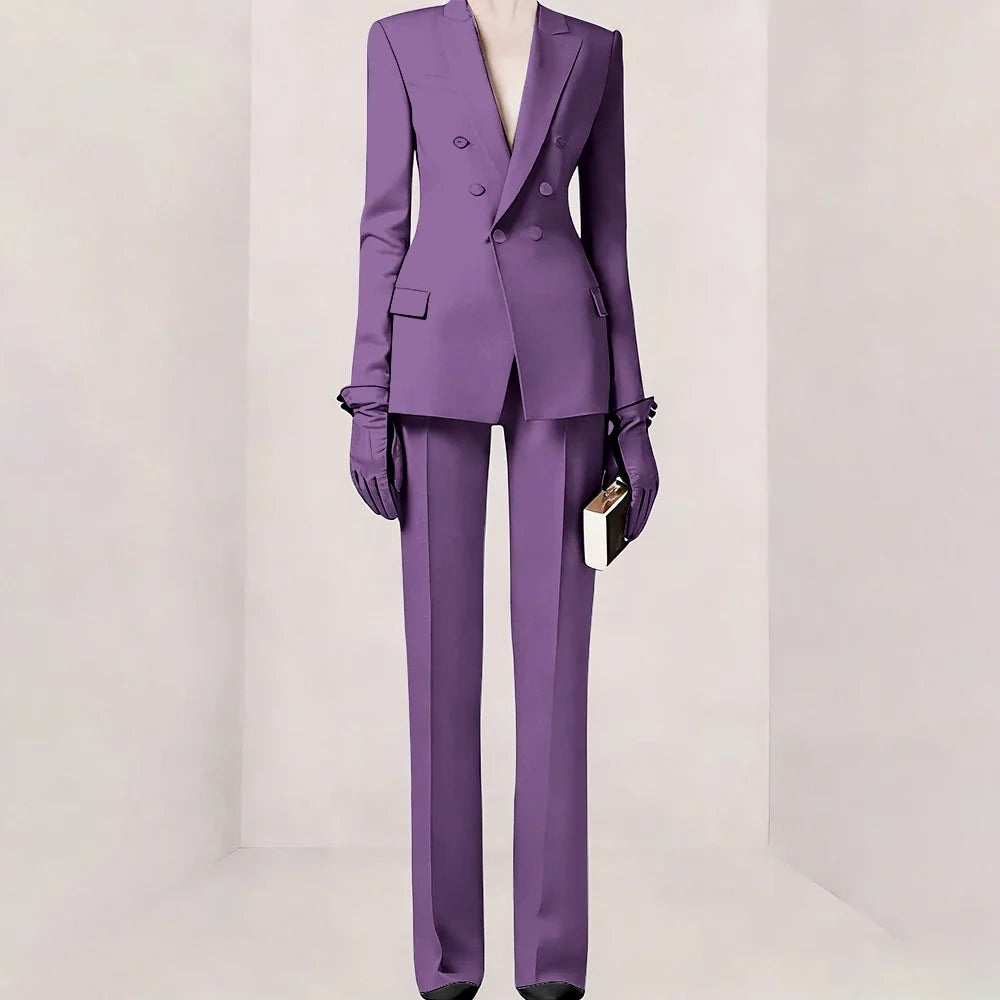 Purple Women Suit Double-breasted Peaked Lapel Two Pieces(Jacket+Pants) Modern Fashion Slim Business Office Lady Set Custom
