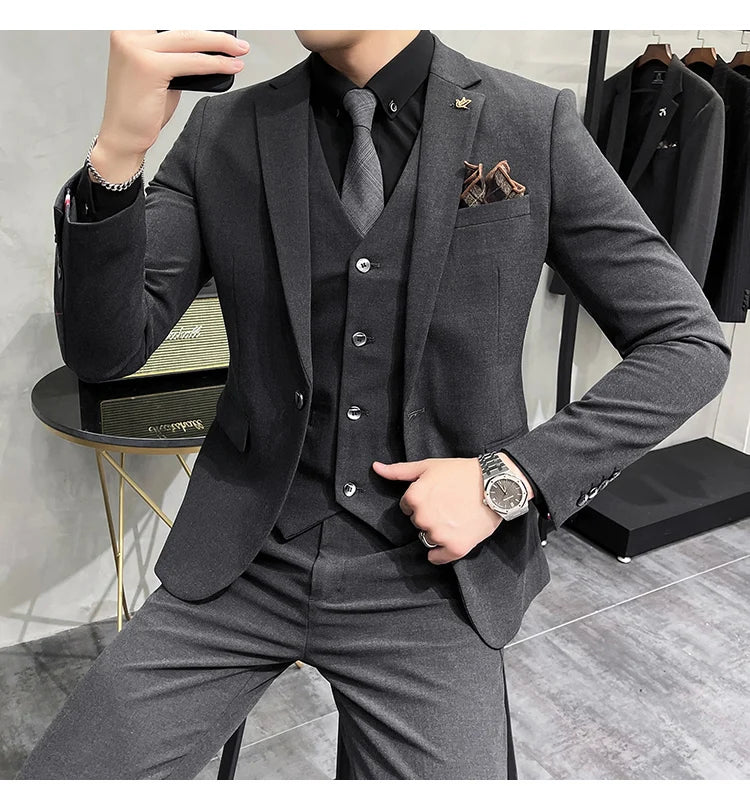 (Jacket +Vest+Pants) Plus Size 7XL-S Men Korean Slim Fit Groom Wedding Business Casual Tuxedo Mens Work Social Suit 3 Pieces