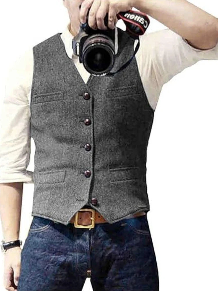 Men's Herringbone Vest – Single Breasted Formal Waistcoat for Business & Casual Wear