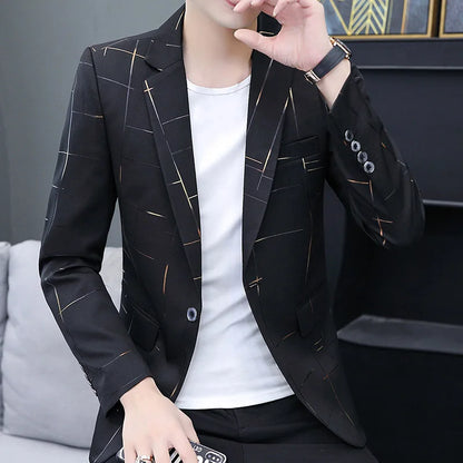 Men's Slim Fit Blazer – Gradient Color, Gold Thread Embossed, Smart Casual