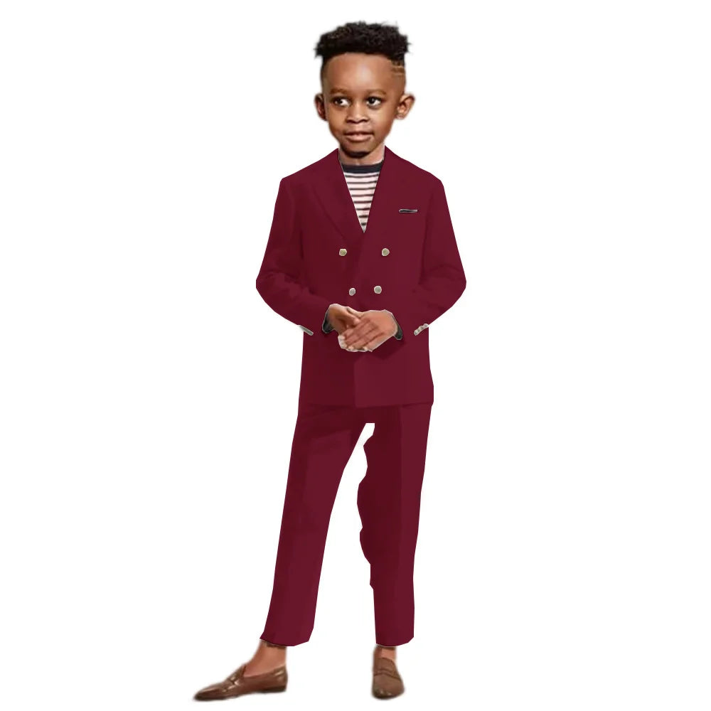 Double Breasted Kids Formal Suit Set 2 Pieces Jacket Pants Handsome Boys Solid Suits Wedding Guest Outfit Performance Tuxedo