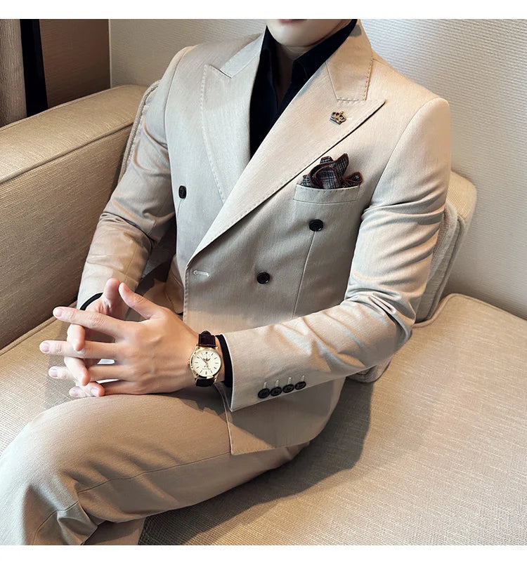 (Blazer + Trousers) Fashion Double Breasted Design Slim Men's Suit Italian Style Luxury Wedding Social Party Tuxedo 2 Piece Set