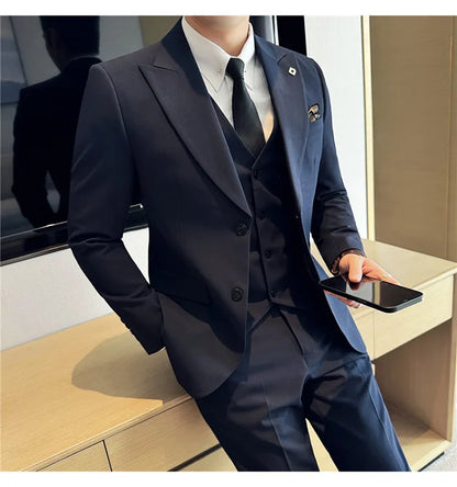 Men's 3 Piece Suit Set Double‑Button Solid Color Slim Fit Business Casual Wedding Banquet Party Jacket Vest Pants Formal Outfit