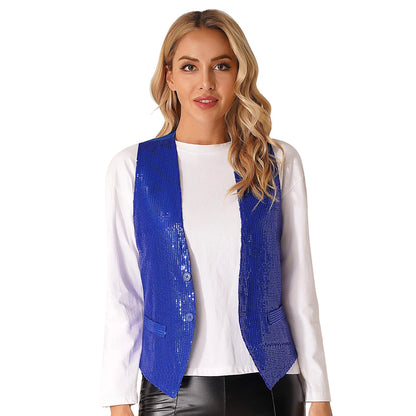 Fashion Women Sleeveless Vests Glittery Sequins Vest Music Festival Clubwear Waistcoat for Jazz Dancing Party Club Costumes