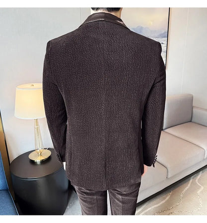 British Style PU Patchwork Suit for Men Casual Business Wedding Suits 2 Pieces Set (jacket+pant) Office Work Party Prom Suit