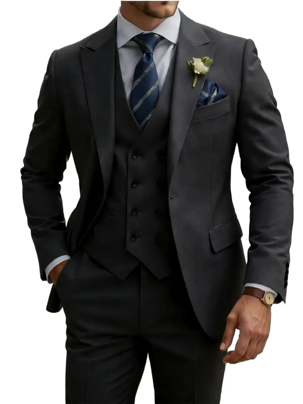 New Premium Solid Suit Set 3 Pieces Banquet Party Wear Handsome Peak Lapel Slim Fit Suits Wedding Groom Sets Plus Size Tuxedo