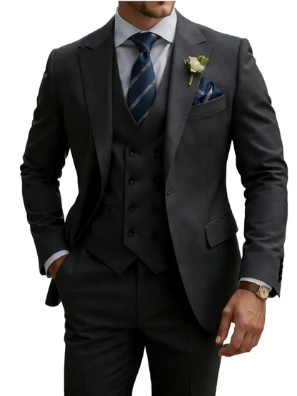 New Premium Solid Suit Set 3 Pieces Banquet Party Wear Handsome Peak Lapel Slim Fit Suits Wedding Groom Sets Plus Size Tuxedo