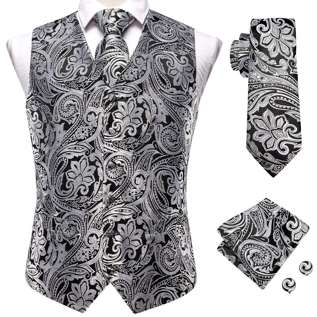 Men's Waistcoat Suit Set with Jacquard Floral Vest, Tie, Hanky & Cufflinks for Wedding and Business