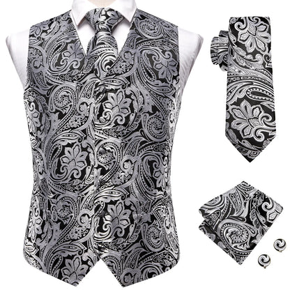 Men's Waistcoat Suit Set with Jacquard Floral Vest, Tie, Hanky & Cufflinks for Wedding and Business