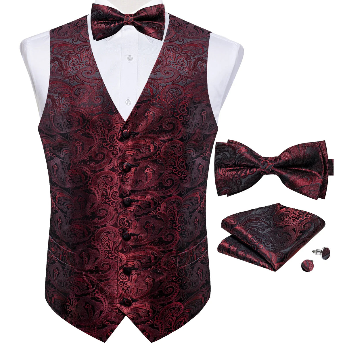 Men's Paisley Suit Vest Set with Tie, Pocket Square & Cufflinks for Wedding & Formal Events