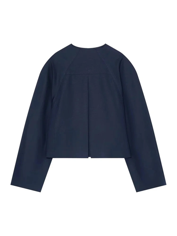 Women Collarless Cropped Blazer Round Neck Button Front Short Jacket Minimalist Loose Office Lady Casual Outerwear