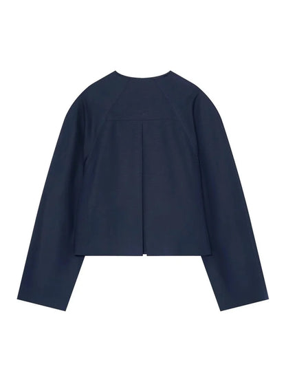 Women Collarless Cropped Blazer Round Neck Button Front Short Jacket Minimalist Loose Office Lady Casual Outerwear