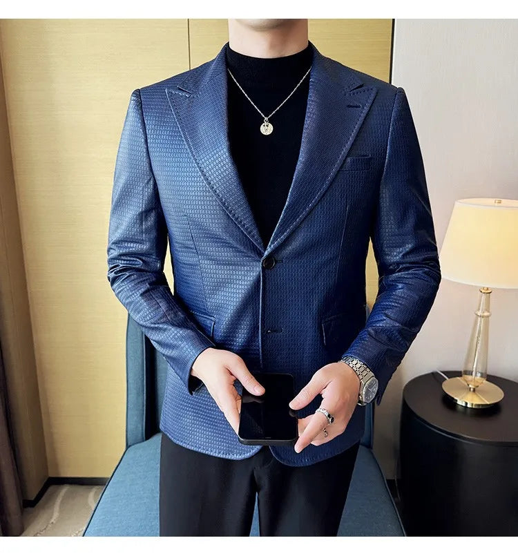Korean Waffle Leather Suit Jacket Men's Business Casual PU Leather Blazer Slim Fit Wedding Groom Office Social Formal Coats 2026