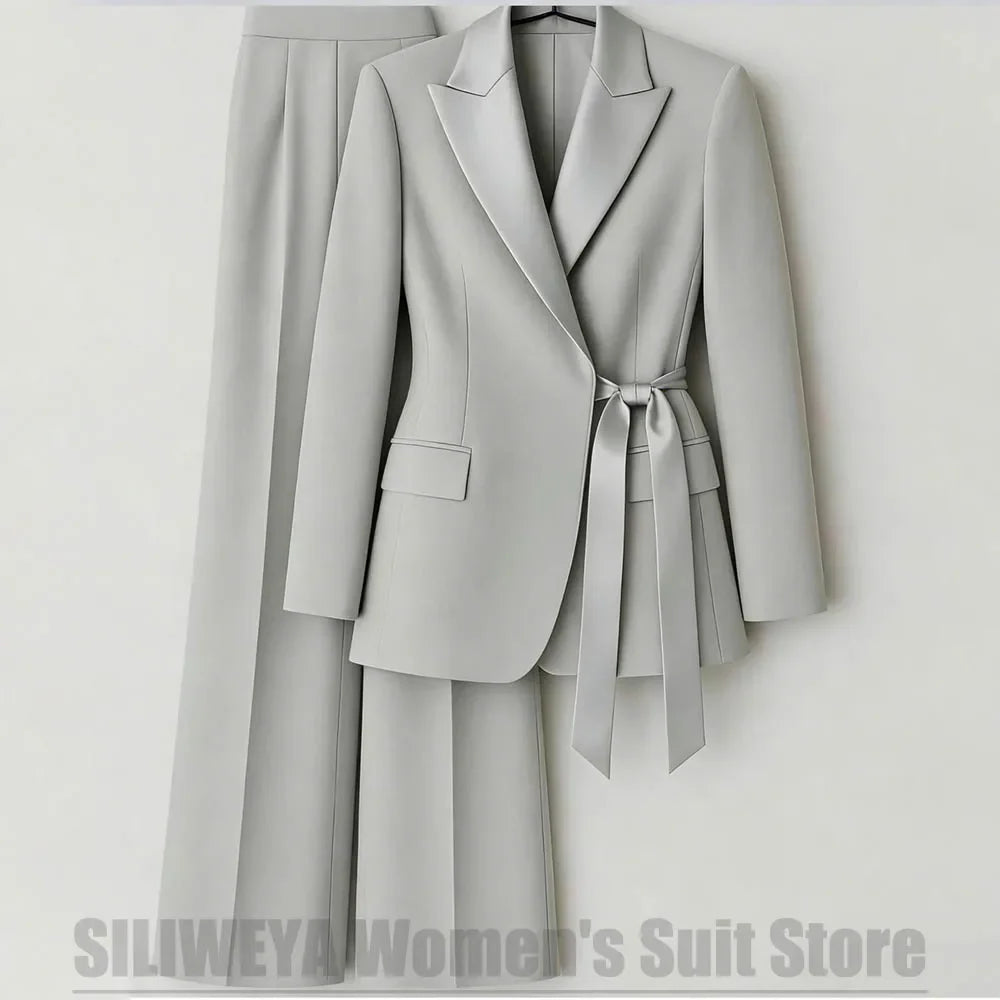 Elegant Women's Suit with Satin Peak Lapel Bow Tie Waist Blazer and Wide Leg Pants Business Wedding Party Tuxedo Two Piece