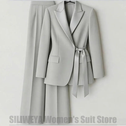 Elegant Women's Suit with Satin Peak Lapel Bow Tie Waist Blazer and Wide Leg Pants Business Wedding Party Tuxedo Two Piece