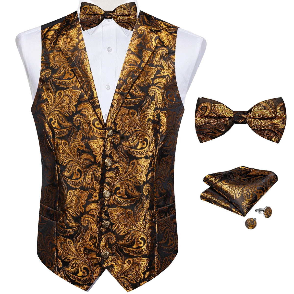 Men's Paisley Suit Vest Set with Tie, Pocket Square & Cufflinks for Wedding & Formal Events