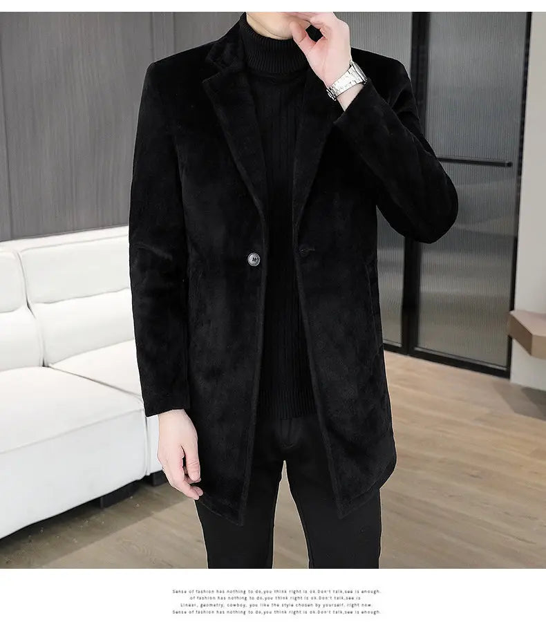 High-quality winter new style mid-length solid color men's fashionable and cool golden mink woolen trench coat with cotton
