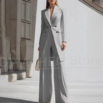 Luxury Women Pants Sets 2 Piece Chic Peak Lapel Double Breasted Outfit Fashion Elegant Daily Casual Party Office Lady Suits