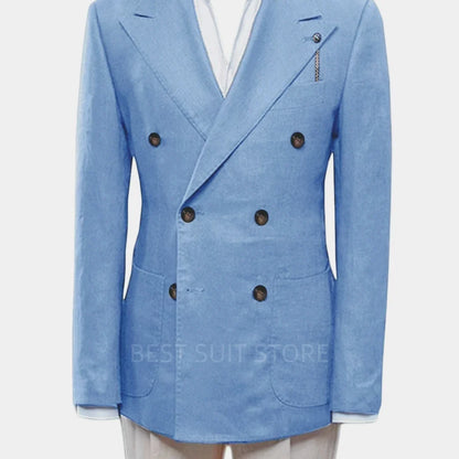 Summer White/Blue Slim Fit Men's Linen Blazer Casual Party Prom Peak Lapel Coat Spring Formal Wear Linen Suit Jacket Outwear