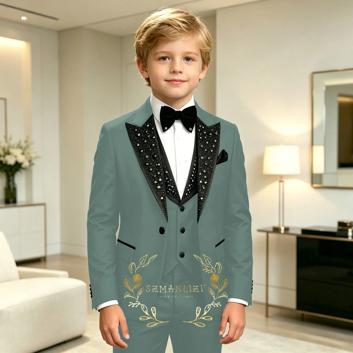 Classic Suits for Boys Black Crystals 3-Piece Fashion Stylish Boy's Tuxedo Formal For Party Outfit For Kids Blazer Vest Pant