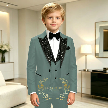Classic Suits for Boys Black Crystals 3-Piece Fashion Stylish Boy's Tuxedo Formal For Party Outfit For Kids Blazer Vest Pant