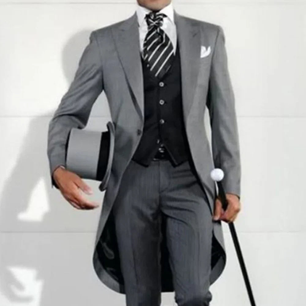 Men's 3-Piece Long-Tail Blazer Tuxedo Smoking Suit for Wedding Party Fashionable Male Jacket Coat Casual Formal Wear