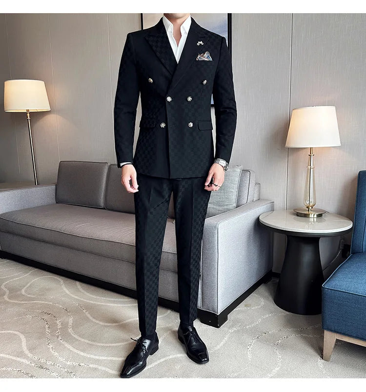 (Jacket+Pants)Luxury Checkered Double Breasted Suit  2 Pieces Fashion Business Slim Fit Social   Formal Suit Evening Dress 5XL-M