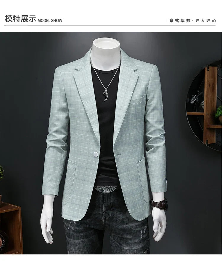 Top Quality Luxury Plaid Business Slim Fit Men Blazer Jacket 2024 Spring Autumn Casual Blazers For Men Elegant Dress Suit Jacket