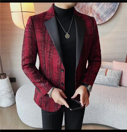 British Style Woven Suit Jacket Men Fashion Plaid Casual Business Blazer Gentleman Versatile Banquet Party Groom Wedding Coats