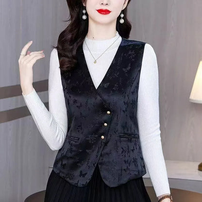 Middle-aged Mother New Chinese Style Black Vests 2026 New Spring Autumn Casual Sleeveless Waistcoat Women Retro Blazers Vest