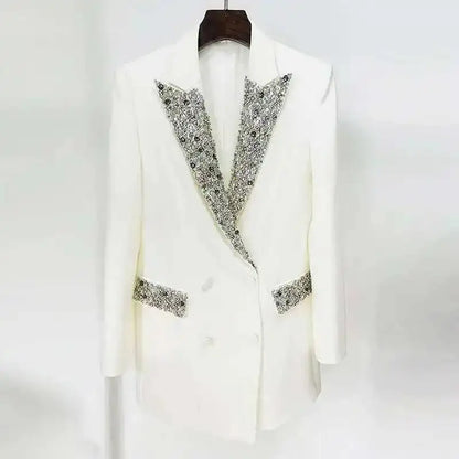 Trendy Fashion Women's Tide Handmade Gorgeous Blazer Heavy Industry Nail Bead Inlaid Diamond Slim Medium Length Coats H2699
