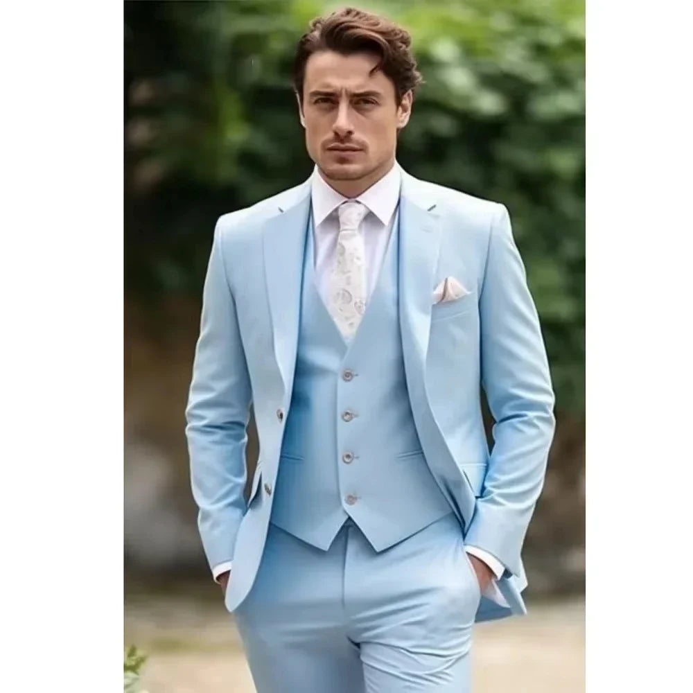 Sky Blue Solid Men Suits Formal Casual Smart Wedding Groom Tuxedo Notch Lapel Single Breasted Male Suit 3 Piece Set