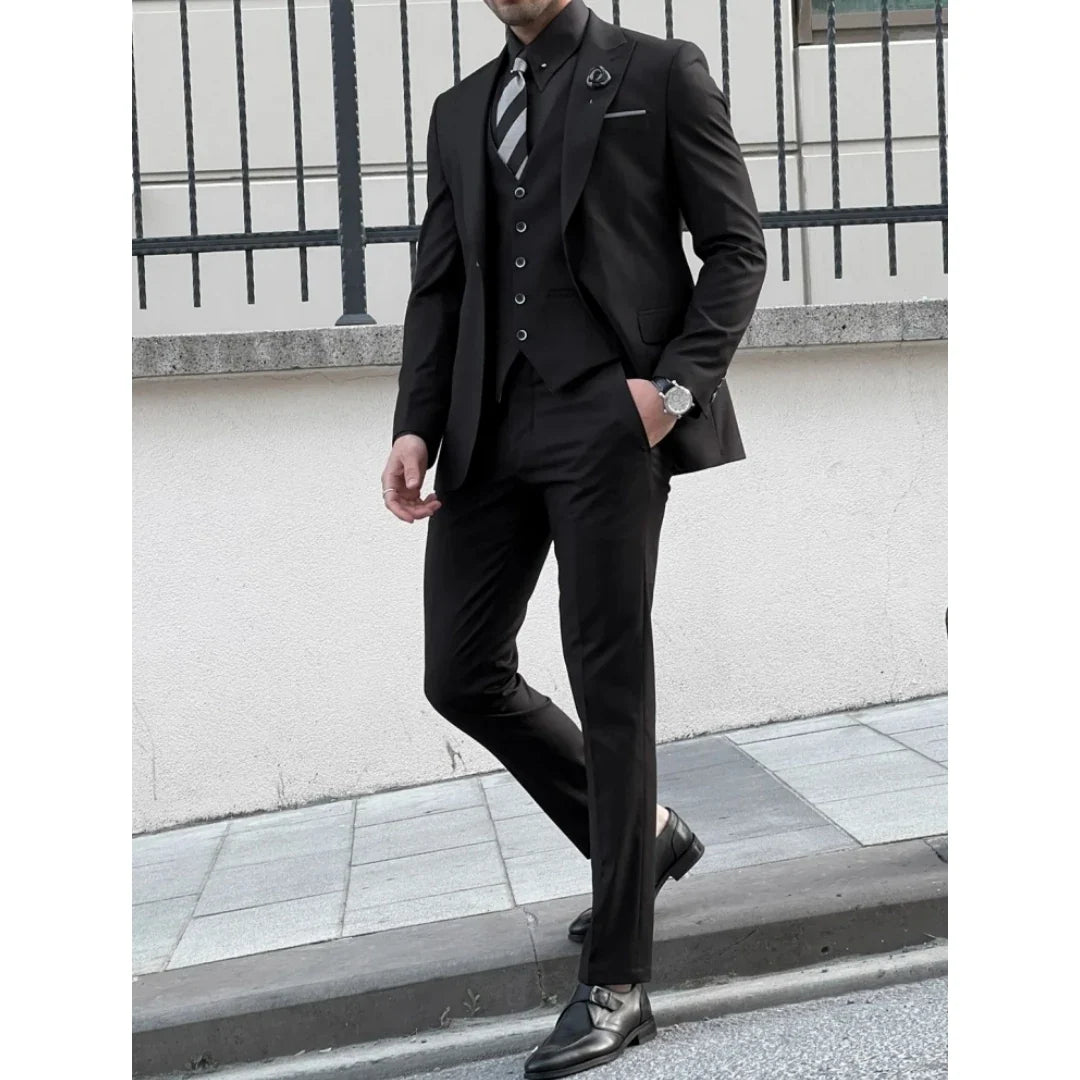 Men Suit 3 Piece Black Solid Single Button With Lapel For Wedding Banquet Birthday Party Prom Business Work Jacket Vest Pants