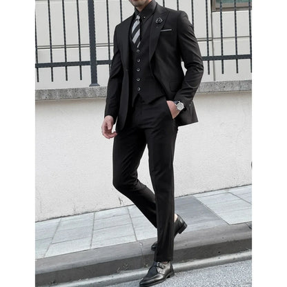 Men Suit 3 Piece Black Solid Single Button With Lapel For Wedding Banquet Birthday Party Prom Business Work Jacket Vest Pants