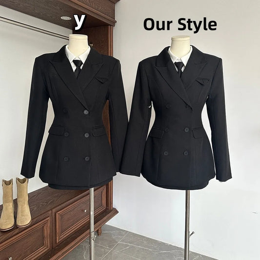 Women's Busin Suit Set Zhang ng Tailored Skirt Long Sve Double Breasted Regular Length Pure Color Commute Sle