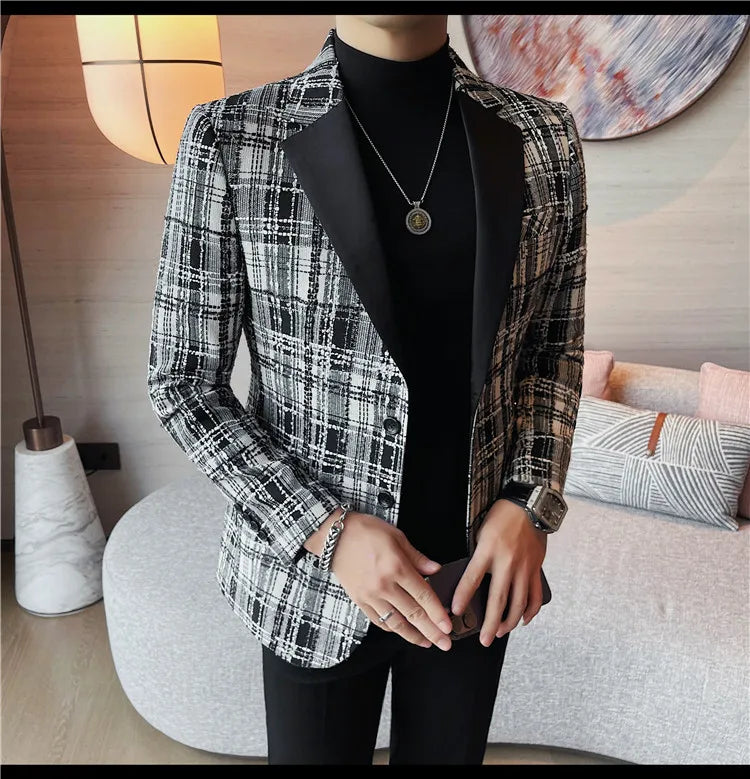 British Style Woven Suit Jacket Men Fashion Plaid Casual Business Blazer Gentleman Versatile Banquet Party Groom Wedding Coats