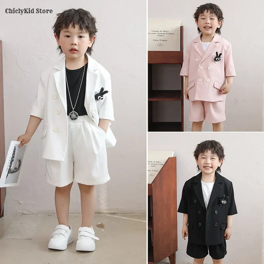 Boys Short Sleeve Suit Jacket Shorts Formal Dress Kids Summer Solid Color Blazer Clothes Sets Children Tuxedo Toddler Costumes