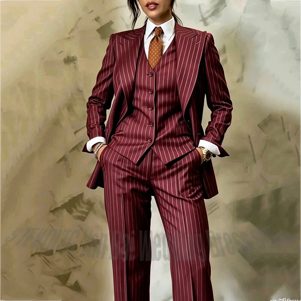 Burgundy Stripe Women's 3 Piece Suit Blazer Vest Pants Single Breasted Slim Fit Business Office Lady Party Event Formal Set