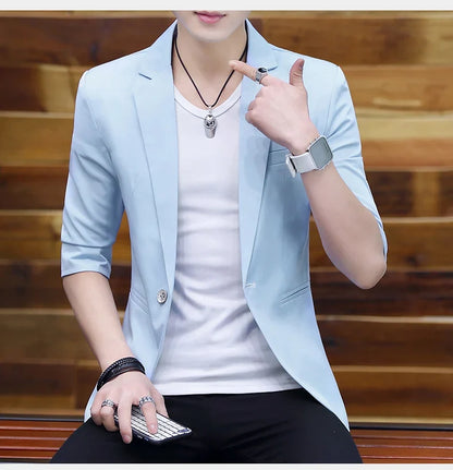 Summer 2025 Men's Mid-Sleeve Slim Fit Suit Korean Style Handsome Youth Seven-Quarter Jacket Small Suit Collection